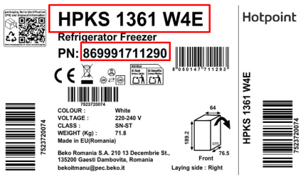 Hotpoint HPKS 1361 W4E label example